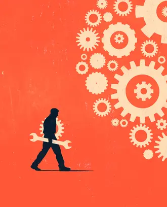 An illustration of a person holding a gear and wrench heading in to fix a system of gears