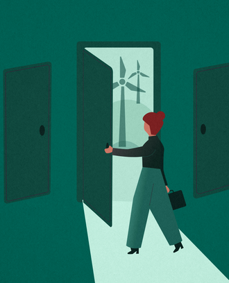 An illustration of a business person opening a door where wind turbines are seen in the distance