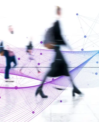 Motion blurred crowd of people juxtaposed with digital algorithmic graphics