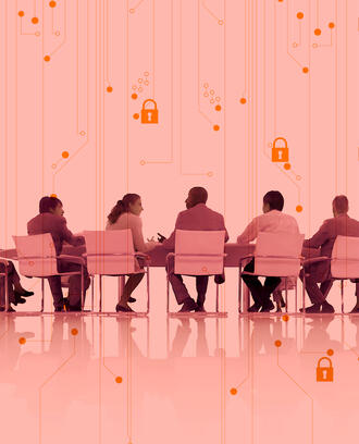 Boardroom members sitting amongst a digital cybersecurity backdrop