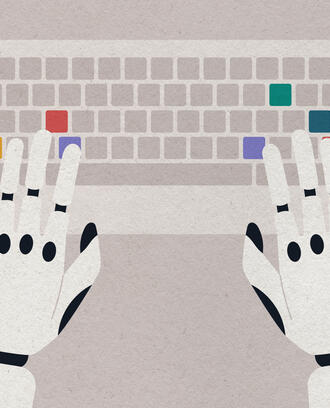 An illustration of a robot's hands typing on a keyboard.