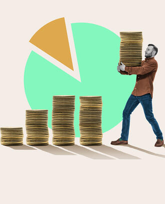 A person carries a stack of coins to add to four rows of coins. A pie chart is in the background.