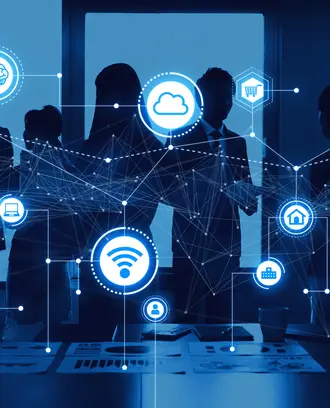 Office workers with digital icon overlay