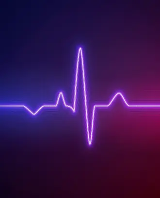 Stylized blue, purple, and red ECG reading on black background