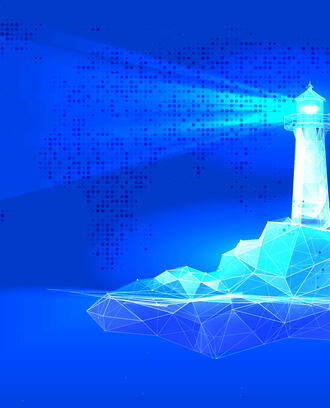 A digital lighthouse shines a ray of light over a world map