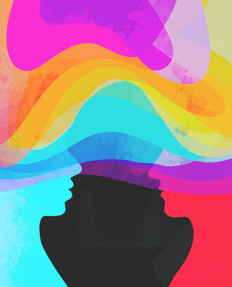 Silhouettes of two people are surrounded by colorful shapes connecting them