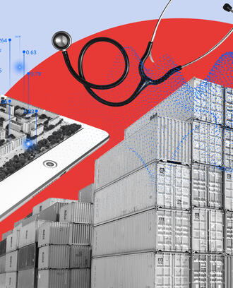 A collage with a stethescope, cargo shipping containers, real estate, and data analytics graphics