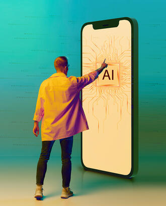 A person touches a mobile phone with an AI graphic displayed