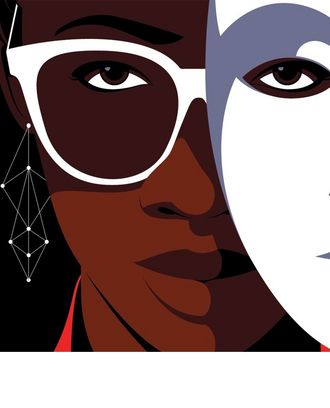 The book cover of "Unmasking AI" -  an illustration of a person of color holding a white mask