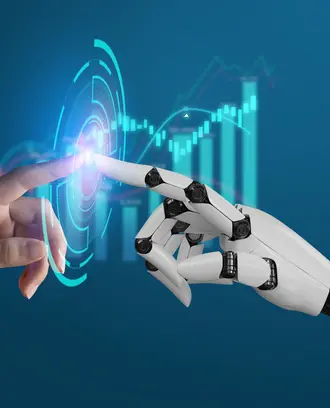Human and machine index fingers touching floating bar graph
