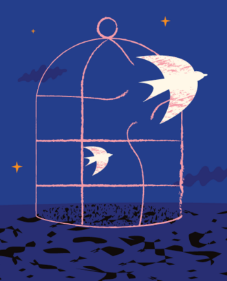 Illustration of birds flying out of cage