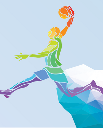 Colorful, geometric illustration of basketball player in action