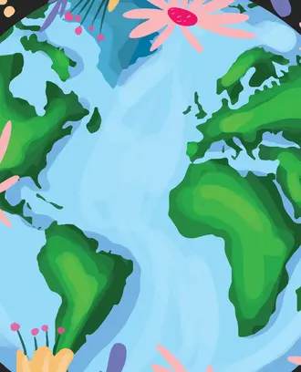 A graphic of a globe surrounded by flowers.