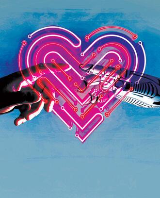 A human hand and a robot hand touch a digital heart made of network lines
