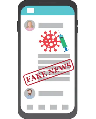 Cell phone with COVID 19 molecule, syringe and Fake News
