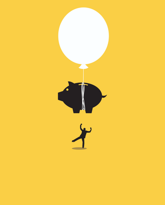 A person celebrates as a piggy bank attached to a balloon flies away
