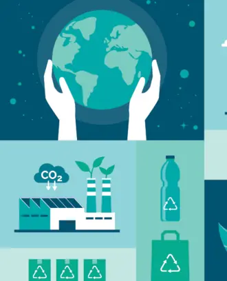 Illustration of globe, city, green climate solutions