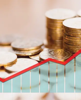 A line chart goes up to the right with coins in the background