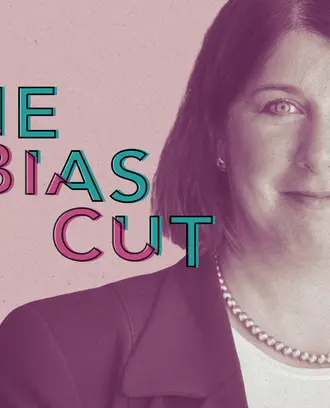 ellen lederman smiles at the camera with the words the bias cut descending diagonally to the lower right corner