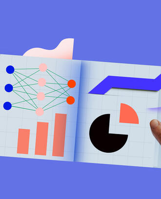 Hands reading a book filled with data imagery