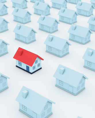 Rows of faint light blue houses with one red one standing out from the crowd