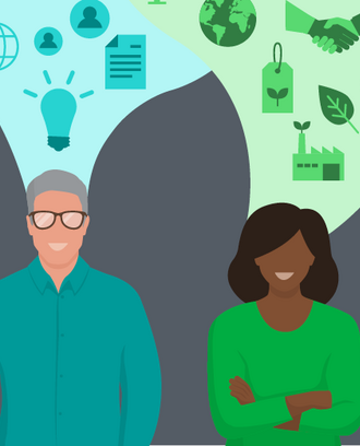Illustration of diverse group of people with colorful thought bubbles