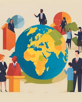 graphic of the globe with people in suits surrounding 