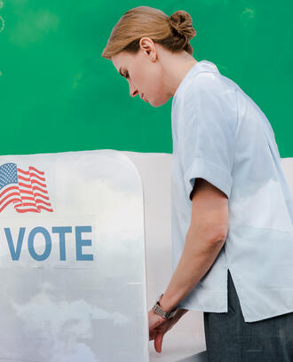 People at election voting booths juxtaposed with smoke stacks