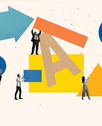 Various employees holding different shapes. The letters "A" and 'I" can be seen.