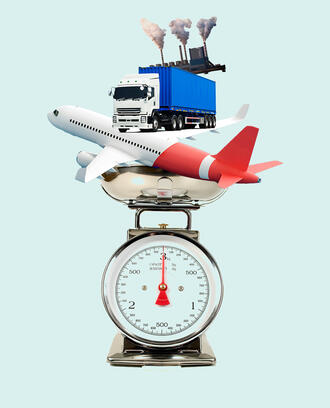 research on synthetic data A plane, truck, and factory with smoke stack sit on top of a scale