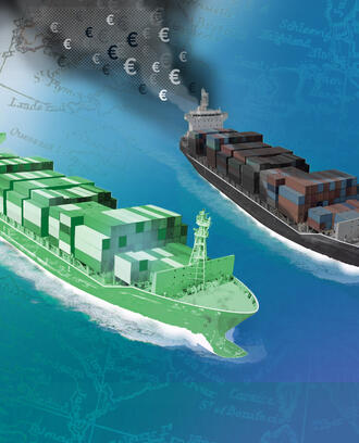 Two cargo ships are side-by-side in the ocean; one is green and the other is dark and dirty and emitting pollution with the euro coin symbol
