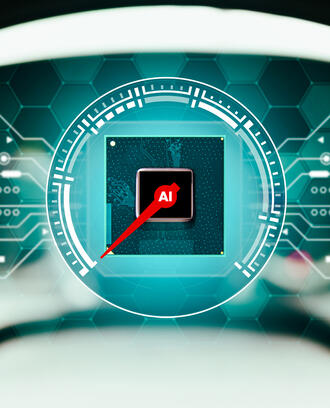 Close-up of car dashboard and digital interface with a speedometer with the letters "AI"