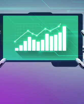 Robot hands hold up a tablet with financial graphs