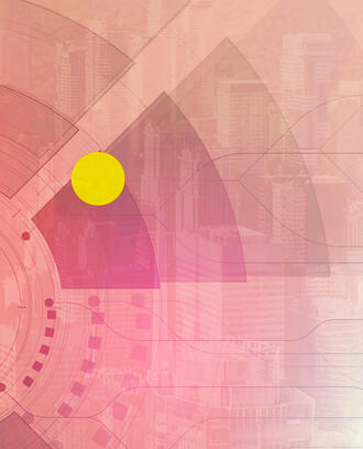 Abstract geometric pattern with dots and a city skyline 