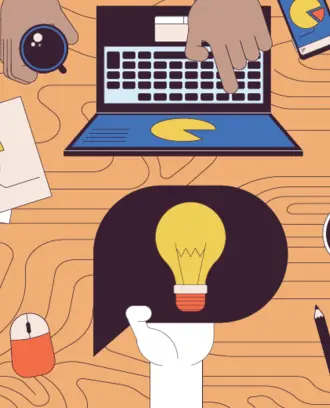 Illustration of tabletop with computers, papers, and hands