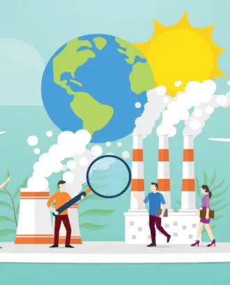 Illustration of earth, sun, clean energy, and pollution