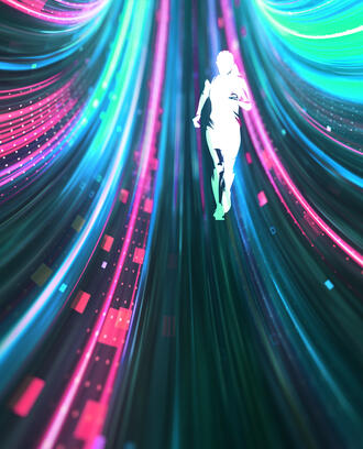 The silhouette of a person runs along an abstract digital background