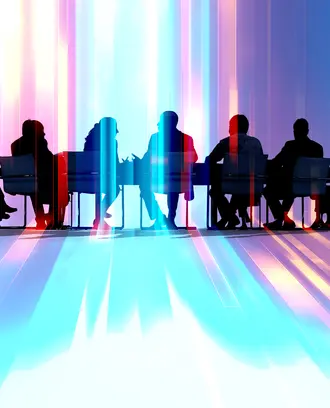 The silhouette of workers in a boardroom meeting surrounded by colorful abstract  bars