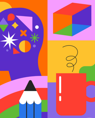 Colorful graphic depicting creative pursuits