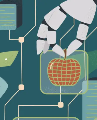 Women in AI concept vector illustration. Woman controls robotic arm with digital tablet. Diversity and Break the science bias. Female developer and engineer in tech. Innovative technologies.