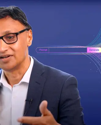 Rama Ramakrishnan with an illustration of a large language model 'prompt' and 'generate' button