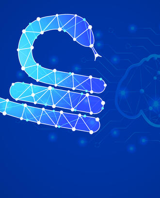 An AI looking snake with digital brain and network connection lines in the background