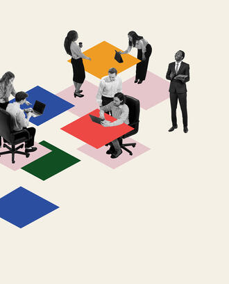 A photo illustration of various workers working with colorful geometric blocks