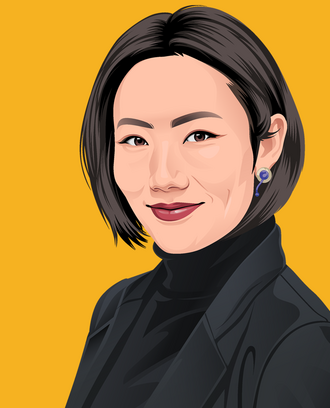 Illustrated photo of woman wearing jacket on yellow background