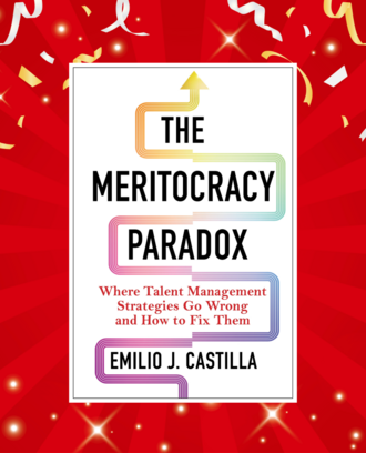 Cover of Emilio Castilla's book "The Meritocracy Paradox" against a celebratory red background with some ribbons and stars