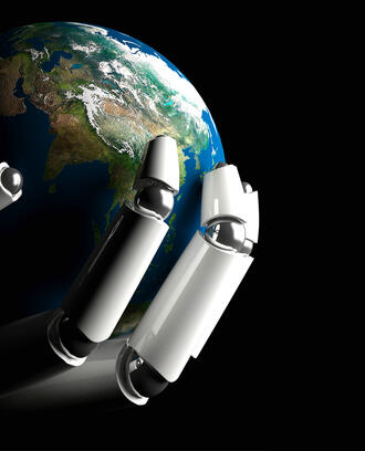 a cybord hand holds the earth