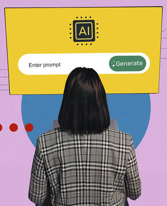 A person looks at an AI screen that says "Enter prompt" and "Generate"