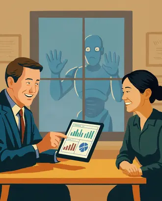 A financial advisor chats with a client while a robot looks through the window