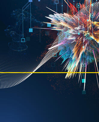 A curved line and colorful explosion appear on an abstract graph