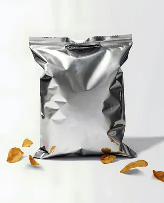 The image shows a blank bag of potato chips with no label or branding